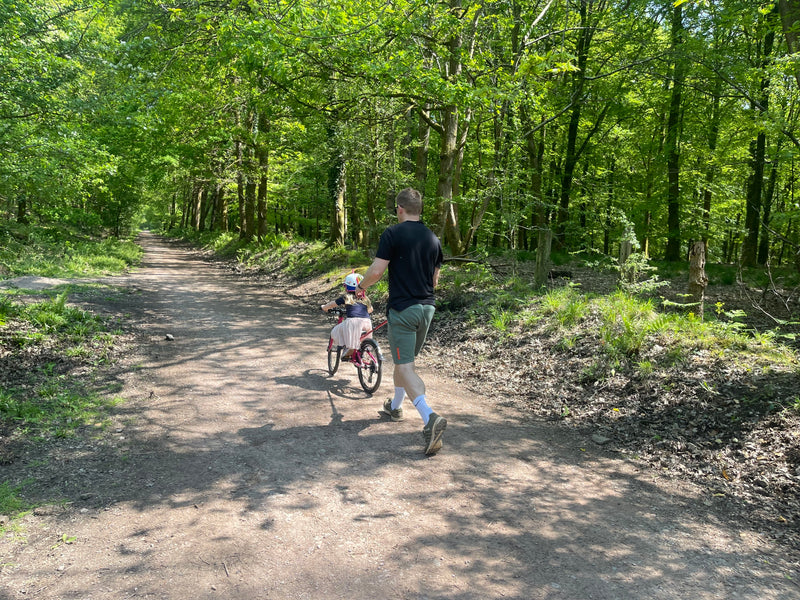 Man walking with a child in a stroller on a forest path