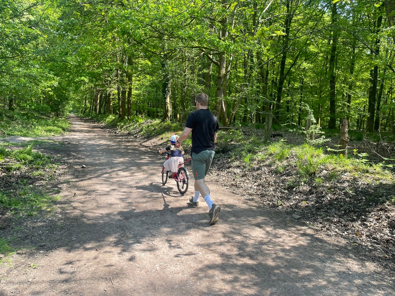 Man walking with a child in a stroller on a forest path