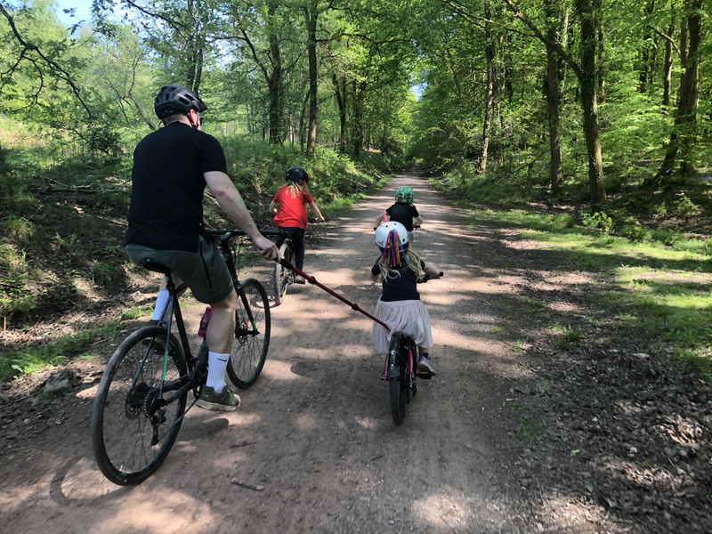 Family riding bicycles on a dirt path through a forest